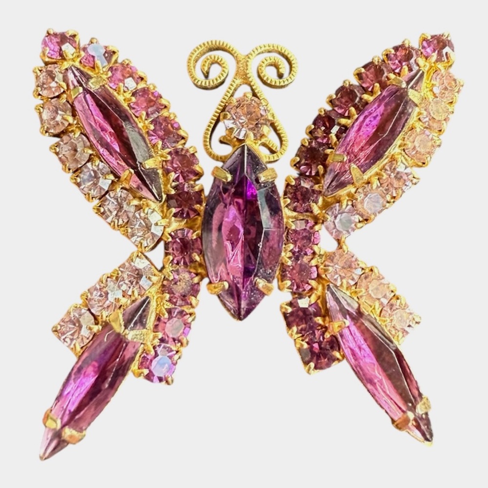 Vintage Pink Rhinestone Butterfly Brooch Gold Tone 1.75”